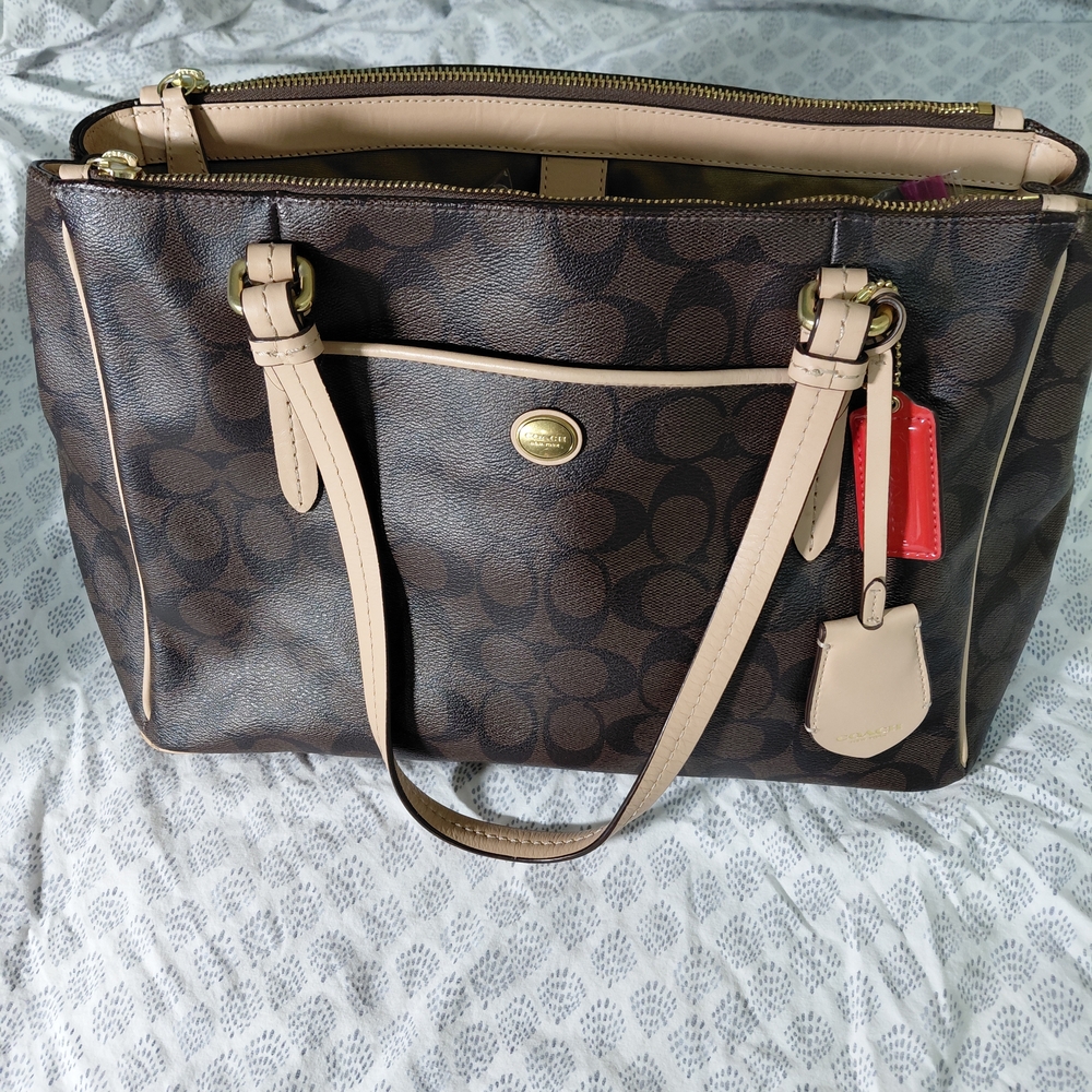 Coach Signature Leather Tote in Brown with Blush Trim